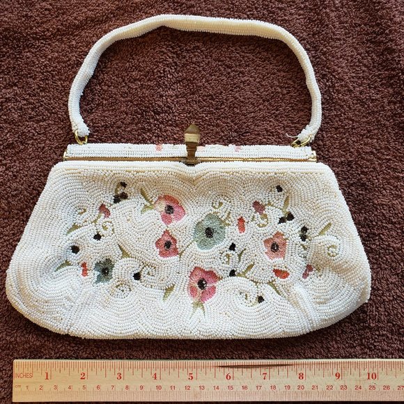 "Bag by Josef" Hand Made Vintage Handbag, from Belgium, White and Floral Beads - Picture 1 of 8